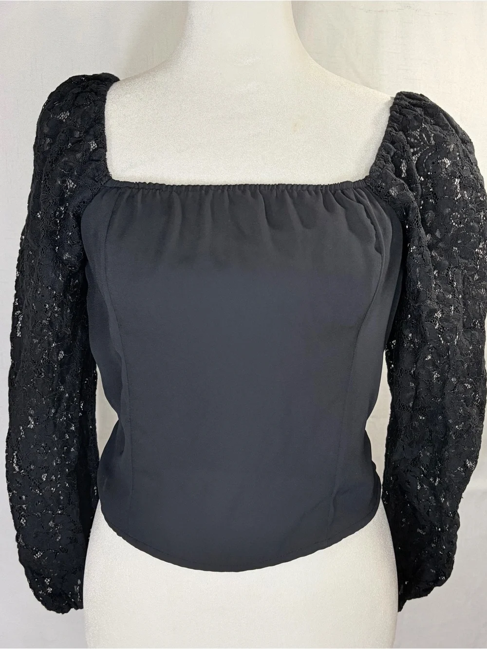 Abercrombie & Fitch BLK Top Puff Lace Long Sleeve Ruching Back Square Neck Sz Sm